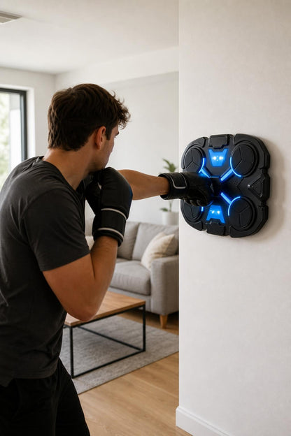 Adulto entrenando con FightPad Pro en casa, luz natural